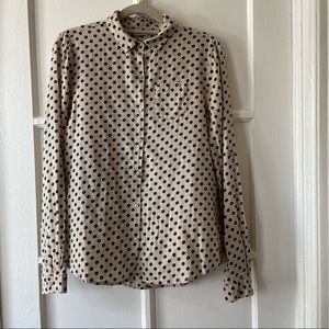 Beige and navy polka dot cotton button up blouse